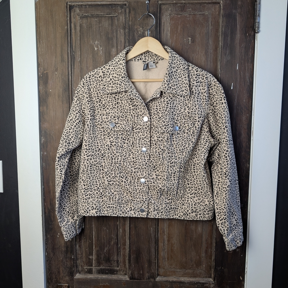 Leopard Print Divided Denim Jacket | Punk Moto Edgy Festival | Size Large